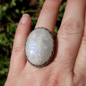 New Rainbow Moonstone 925 Silver Ring.